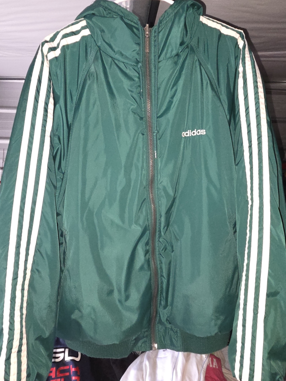 adidas Dark Green/Grey Hooded REVERSIBLE Windbreaker with White Stripes